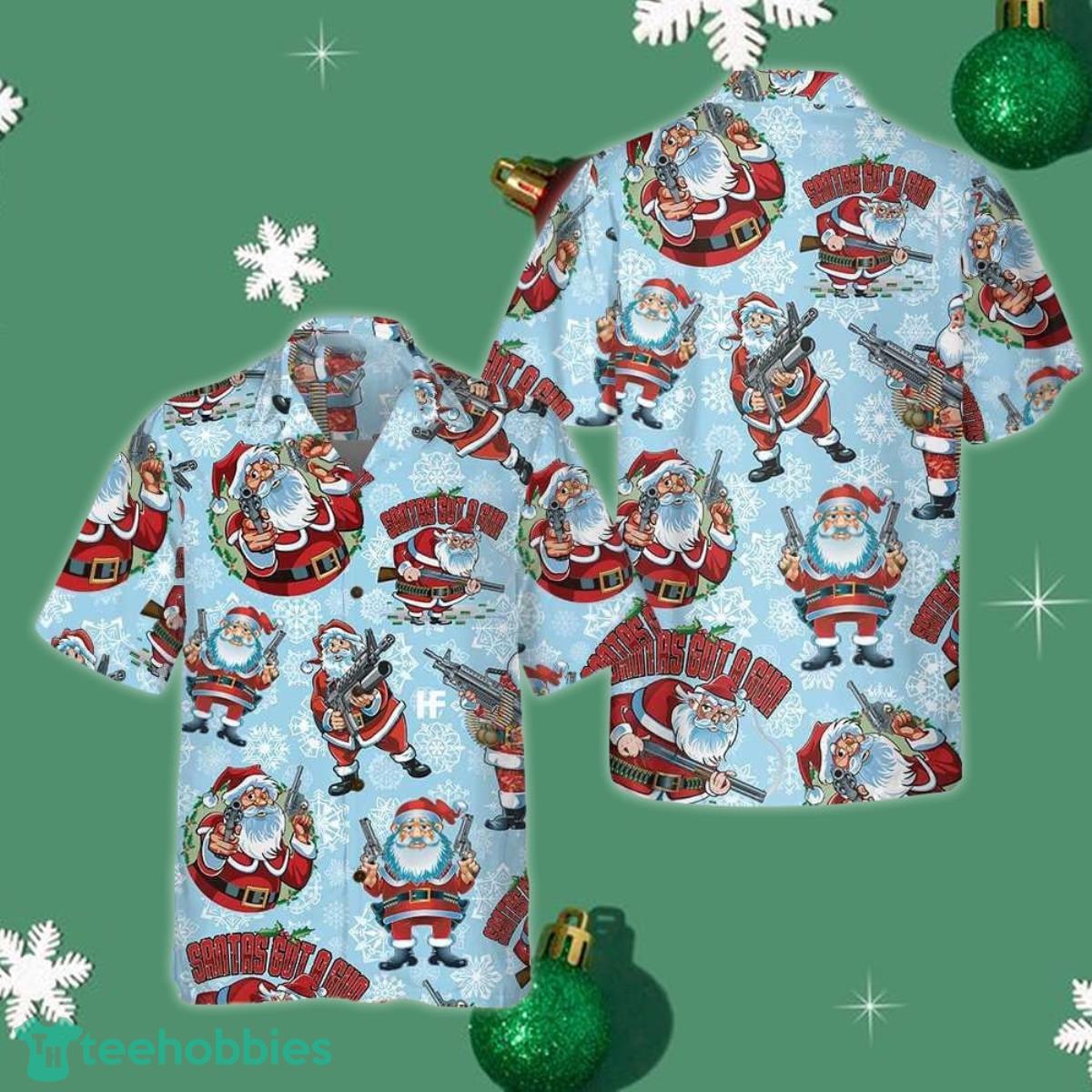 Santa Claus With Gun Christmas Hawaiian Shirt Funny Santa Button Up Shirt Gifts For Him Product Photo 1
