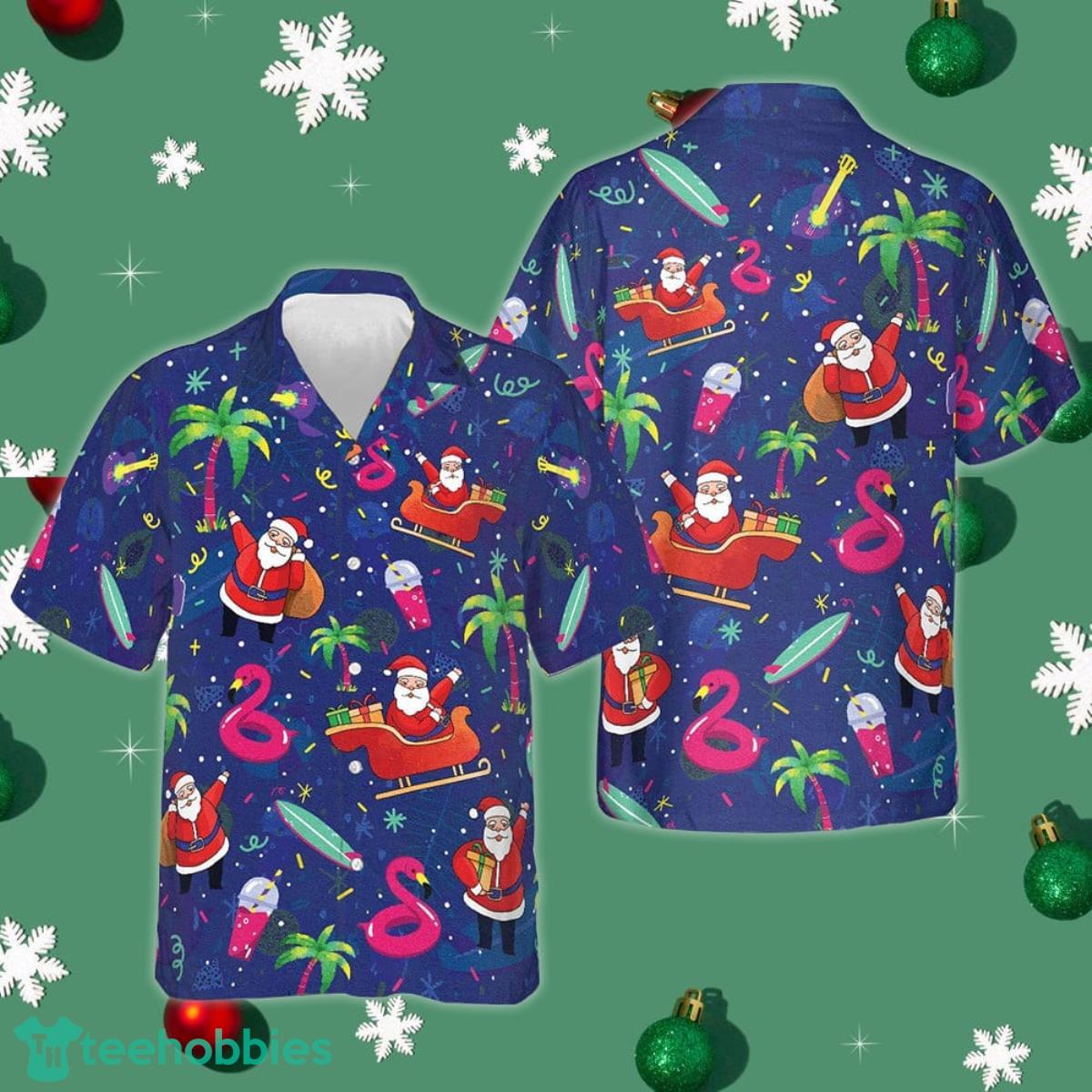 Santa Flamingo Tropical Pattern Hawaiian Shirt Mens Christmas Button Up Shirts Gift Ideas Product Photo 1