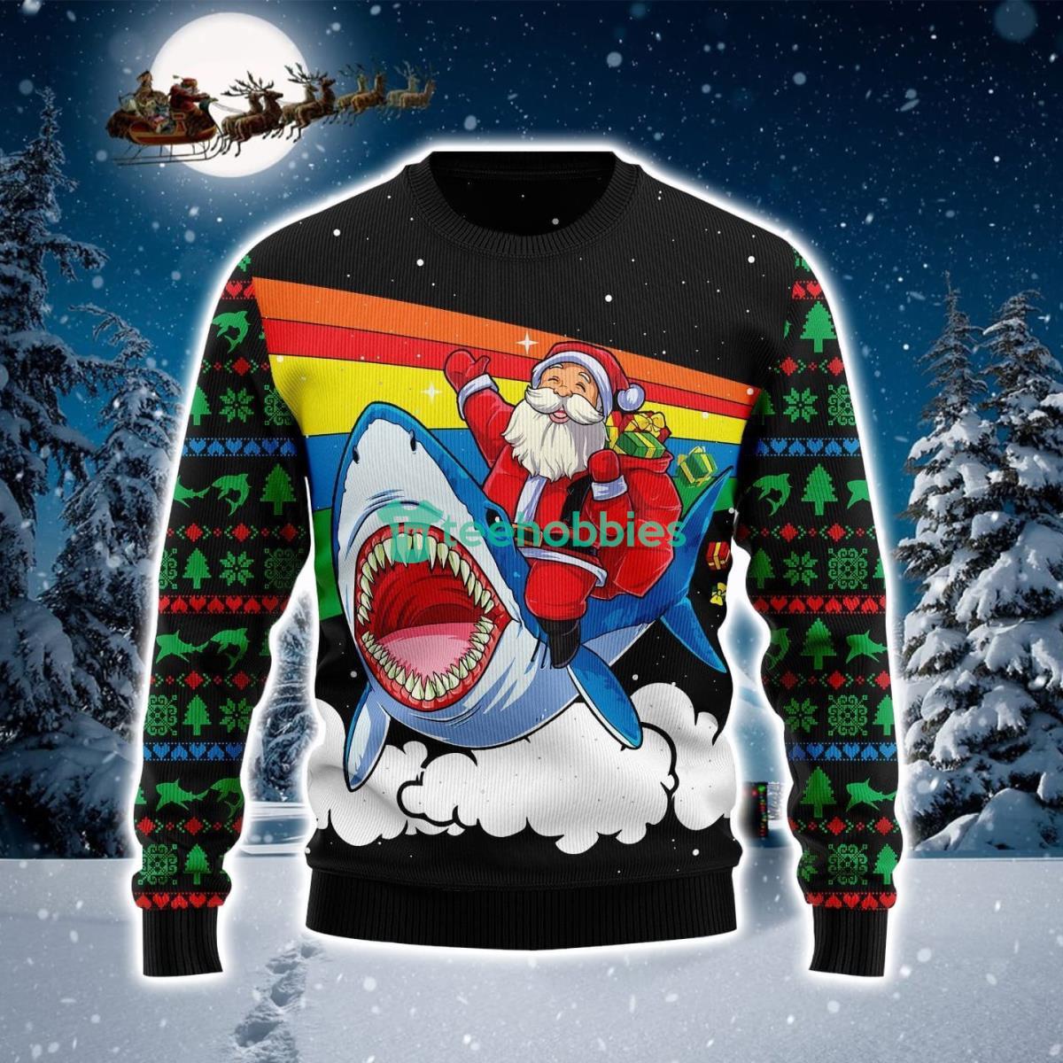 Santa Riding Shark Ugly Christmas Sweater Product Photo 1