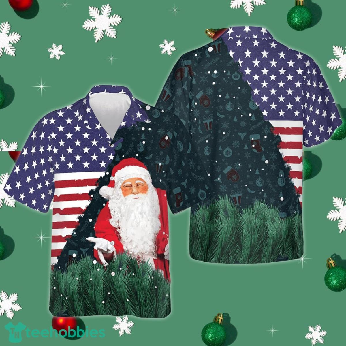 Santa USA Flag Pattern Hawaiian Shirt Happy Christmas Patriotic Button Up Shirt Gifts For Him Product Photo 1