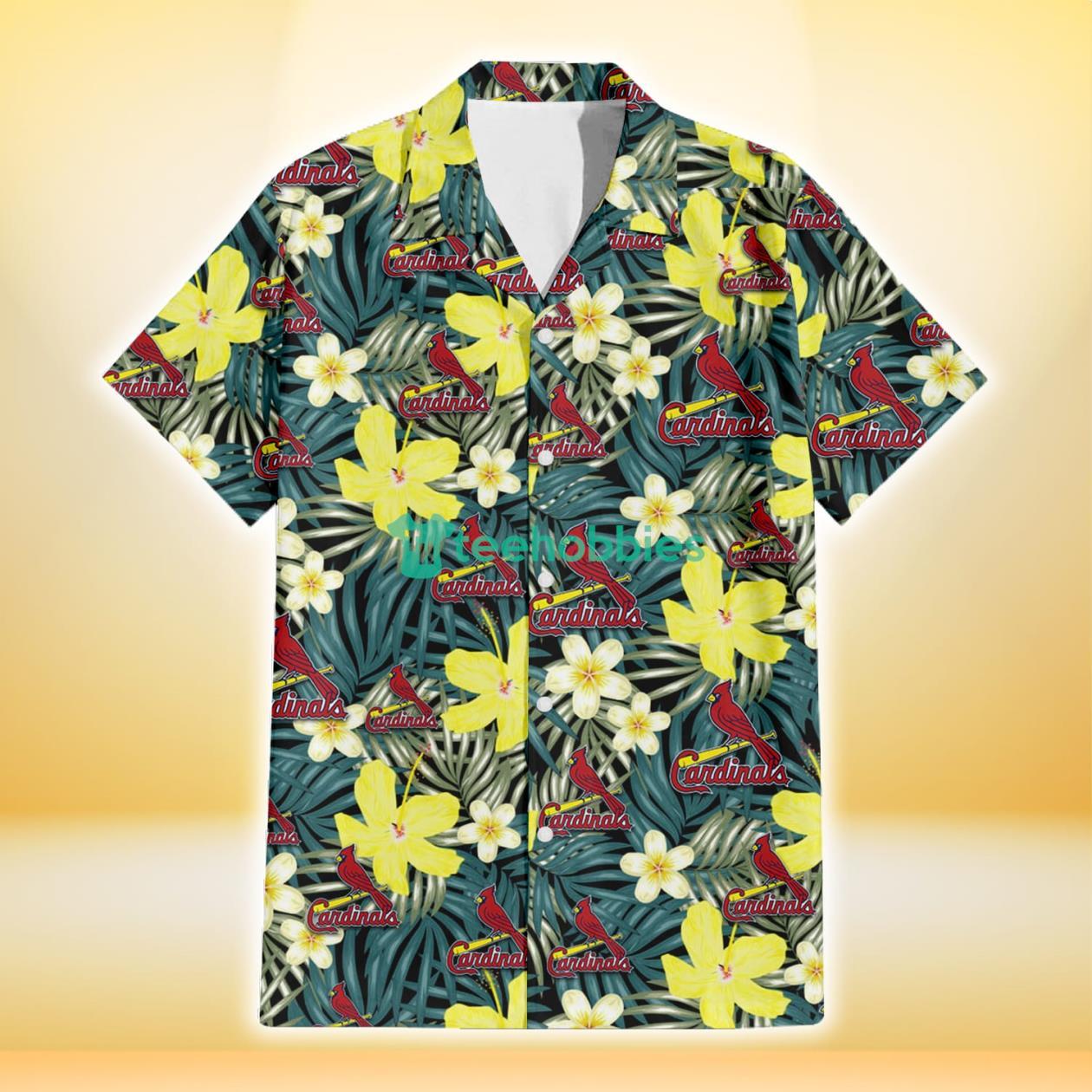 St. Louis Cardinals Hibiscus Green Palm Leaf Black Background 3D Hawaiian Shirt Gift For Fans image St. Louis Cardinals Hibiscus Green Palm Leaf Black Background 3D Hawaiian Shirt Gift For Fans Product Photo 2