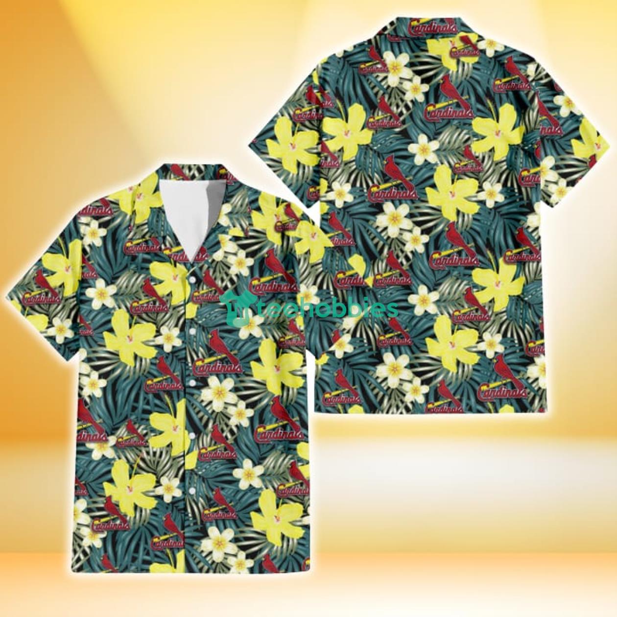 St. Louis Cardinals Hibiscus Green Palm Leaf Black Background 3D Hawaiian Shirt Gift For Fans Product Photo 1 St. Louis Cardinals Hibiscus Green Palm Leaf Black Background 3D Hawaiian Shirt Gift For Fans Product Photo 1