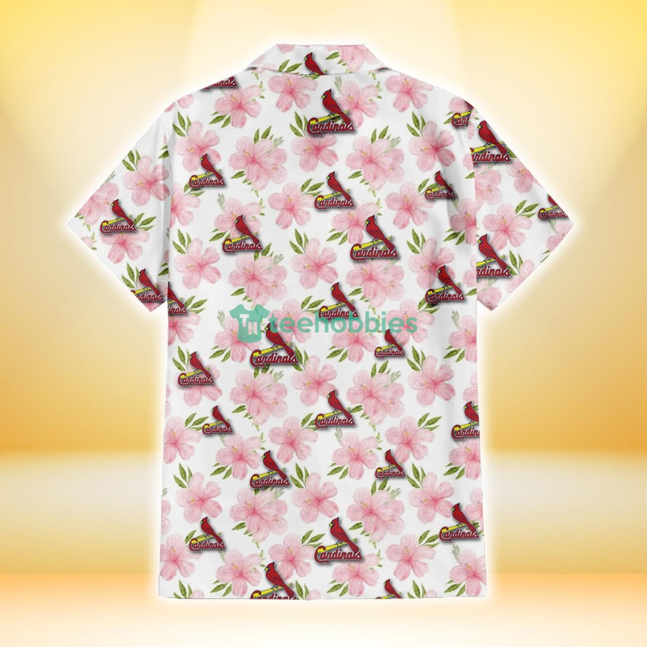 St. Louis Cardinals Coral Pink Hibiscus Green Leaf Beige Background 3D  Hawaiian Shirt Gift For Fans