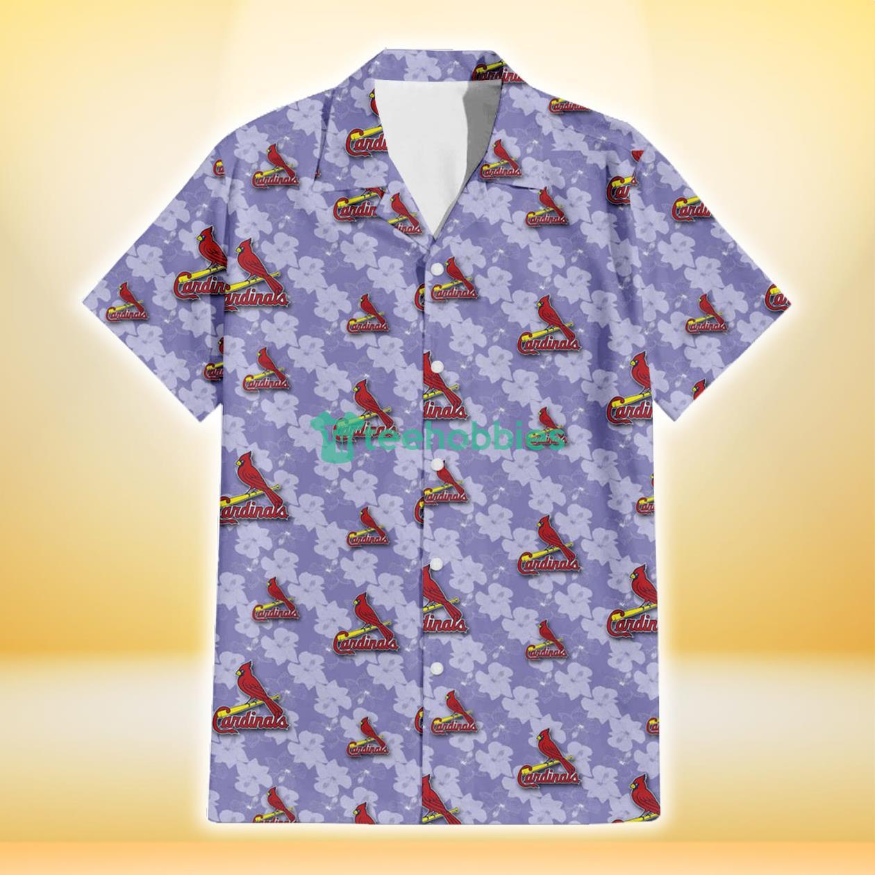 St. Louis Cardinals Light Purple Hibiscus Pattern Stripe Powder Purple 3D Hawaiian Shirt Gift For Fans image St. Louis Cardinals Light Purple Hibiscus Pattern Stripe Powder Purple 3D Hawaiian Shirt Gift For Fans Product Photo 2