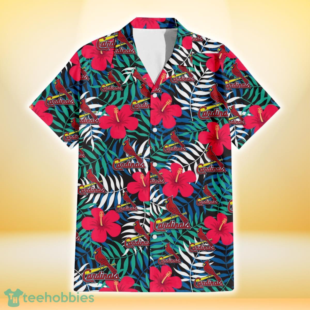 St. Louis Cardinals Red Hibiscus Green Blue White Leaf Black Background 3D Hawaiian Shirt Gift For Fans image St. Louis Cardinals Red Hibiscus Green Blue White Leaf Black Background 3D Hawaiian Shirt Gift For Fans Product Photo 2