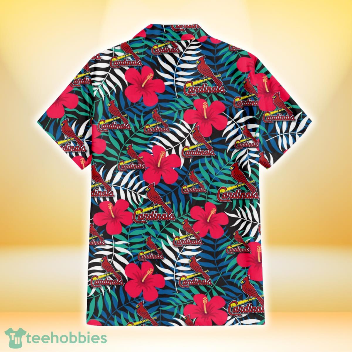 St. Louis Cardinals Red Hibiscus Green Blue White Leaf Black Background 3D Hawaiian Shirt Gift For Fans Product Photo 3 St. Louis Cardinals Red Hibiscus Green Blue White Leaf Black Background 3D Hawaiian Shirt Gift For Fans Product Photo 3