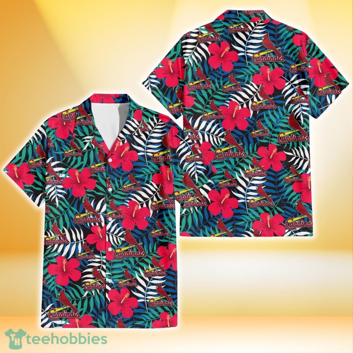 St. Louis Cardinals Red Hibiscus Green Blue White Leaf Black Background 3D Hawaiian Shirt Gift For Fans Product Photo 1 St. Louis Cardinals Red Hibiscus Green Blue White Leaf Black Background 3D Hawaiian Shirt Gift For Fans Product Photo 1