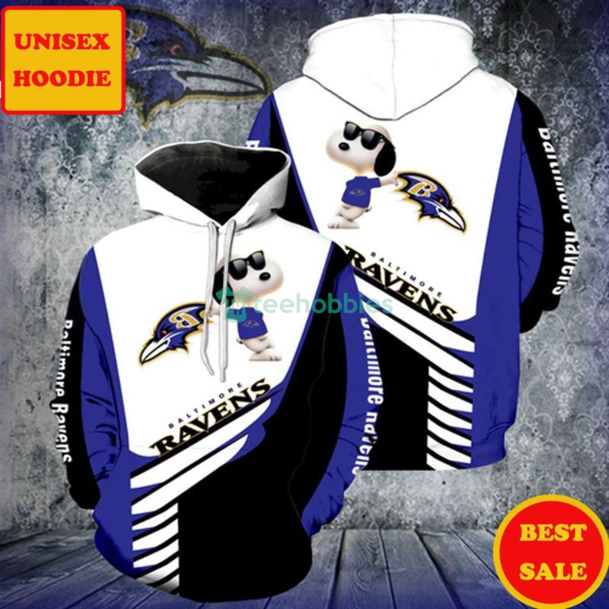 Baltimore Ravens Logo Funny Snoopy With Sunglasses Peanuts Cartoon Movie Pullover Hoodie Product Photo 1