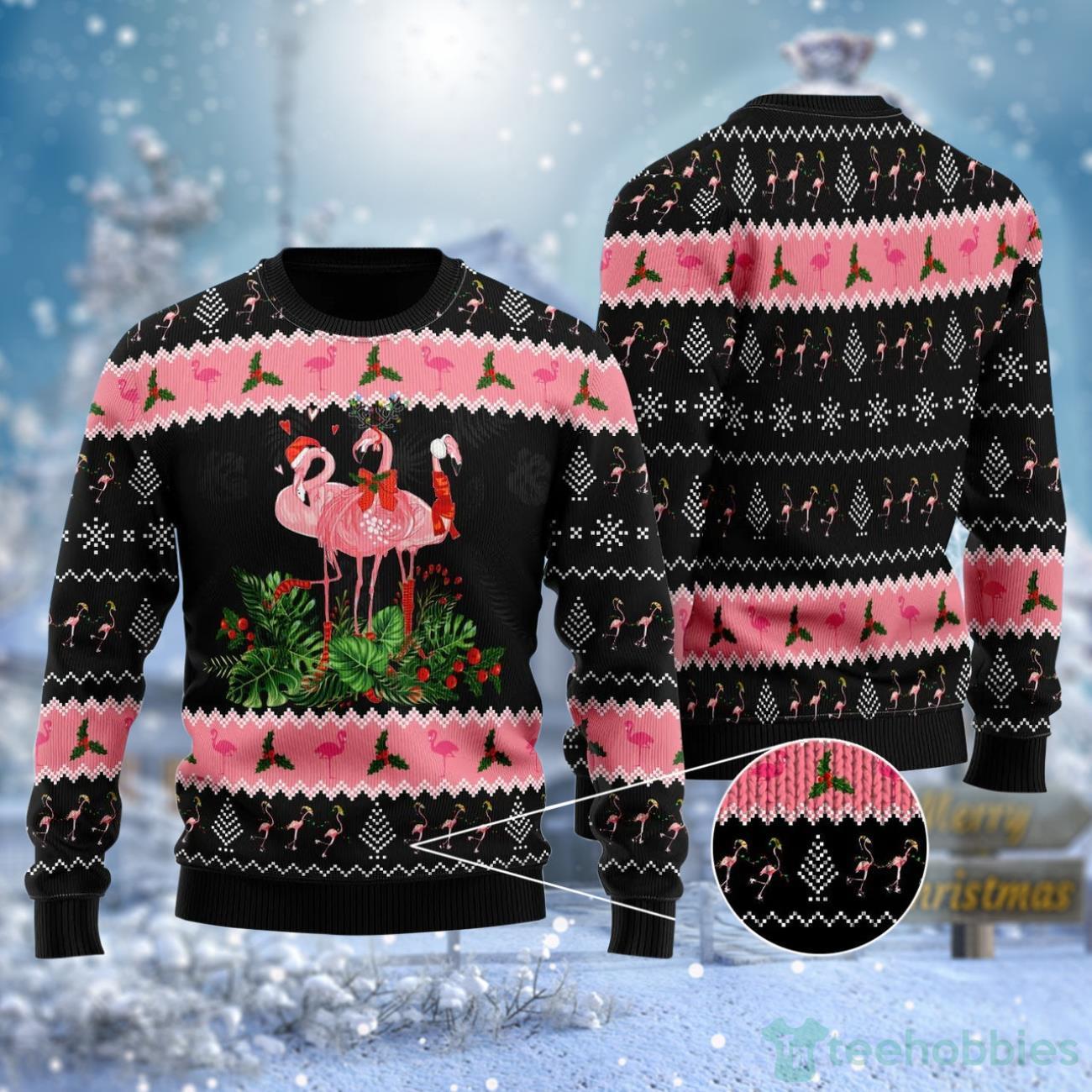 Black Pink Flamingo Jingle Bell In Area Ugly Sweater For Men Women Product Photo 1