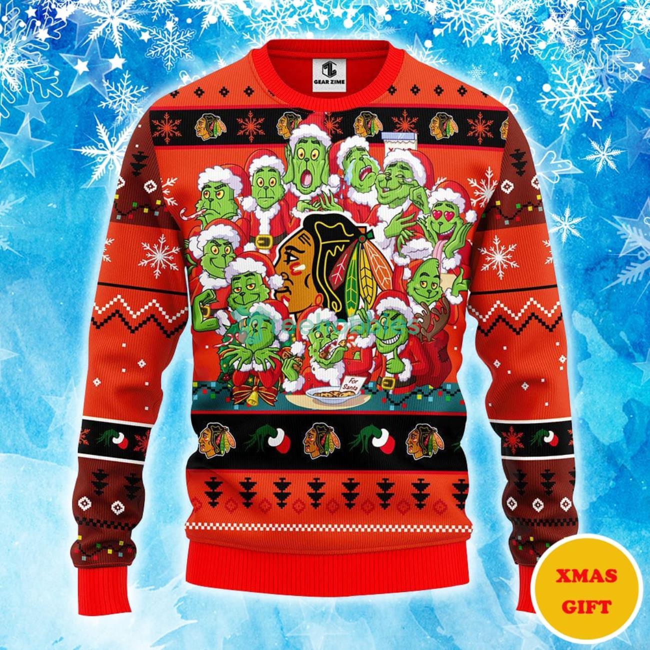 Chicago Blackhawks 12 Grinch Xmas Day Christmas AOP Sweater Product Photo 1