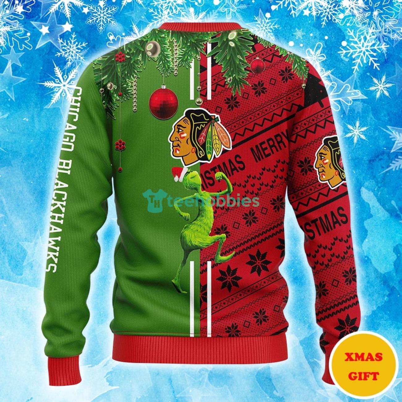 Chicago Blackhawks Funny Grinch Christmas AOP Sweater Product Photo 2