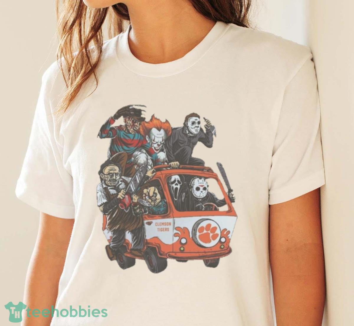 Clemson Tigers Horror Movies Characters Bus Halloween 2023 T Shirt - White Ladies T-Shirt
