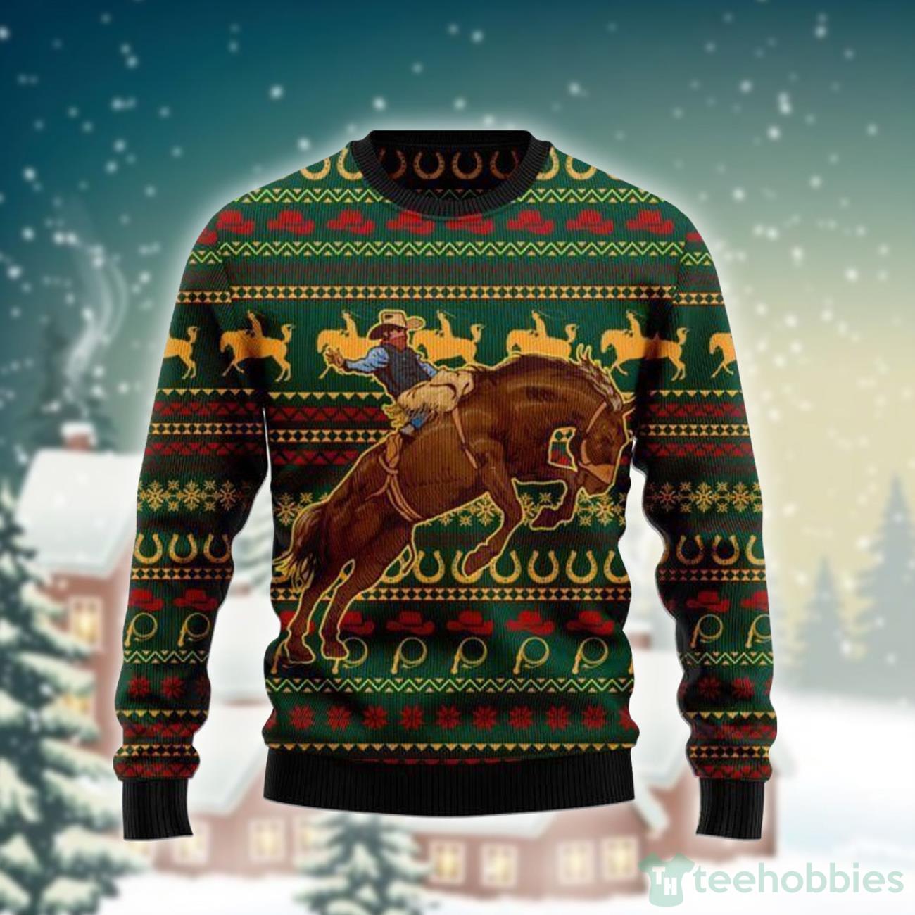 Cowboy On Bucking Horse Ugly Sweater For Christmas Product Photo 1