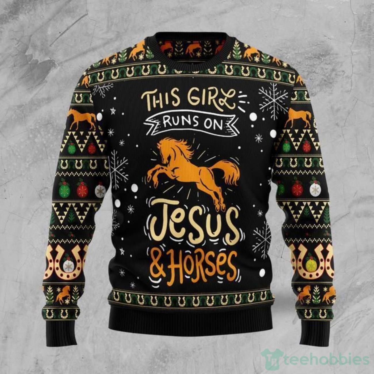 Girls Run On Jesus And Horses Ugly Christmas Sweater Product Photo 1