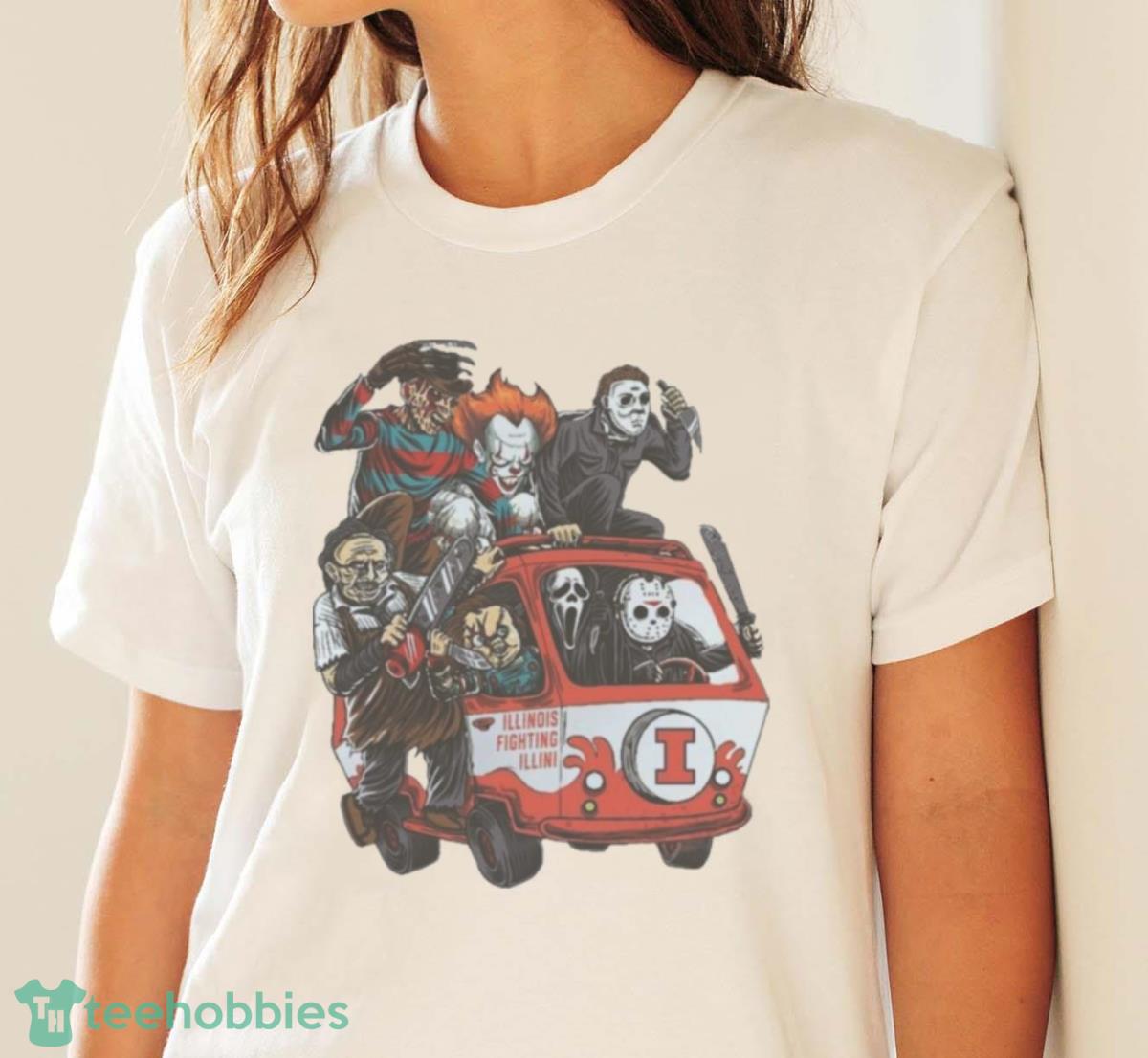 Illinois Fighting Illini Horror Movies Characters Bus Halloween 2023 T Shirt - White Ladies T-Shirt