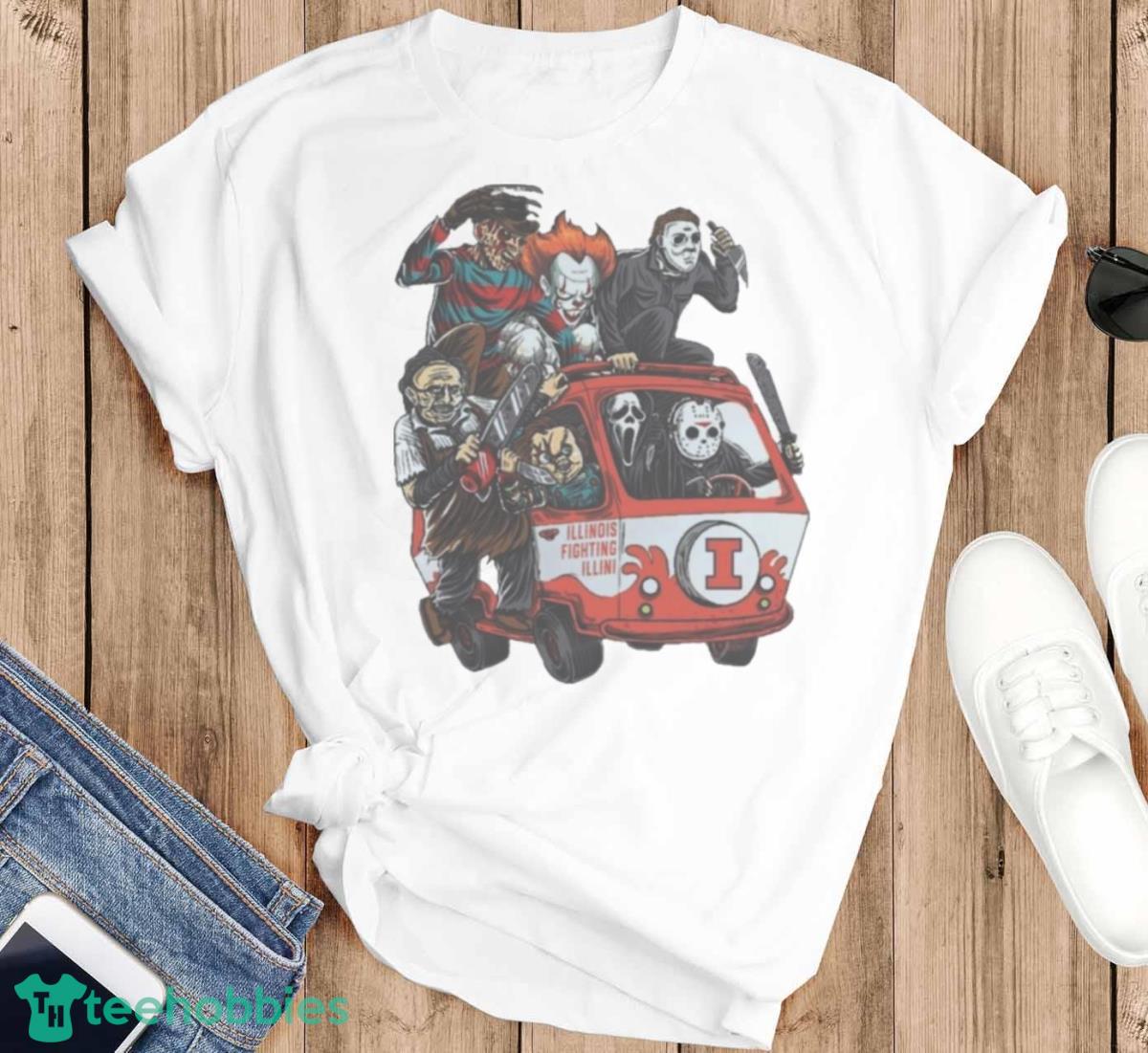 Illinois Fighting Illini Horror Movies Characters Bus Halloween 2023 T Shirt - T-SHIRT FLAT