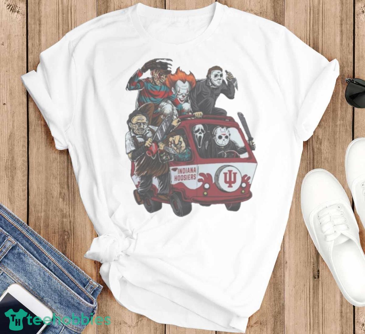 Indiana Hoosiers Horror Movies Characters Bus Halloween 2023 T Shirt - T-SHIRT FLAT