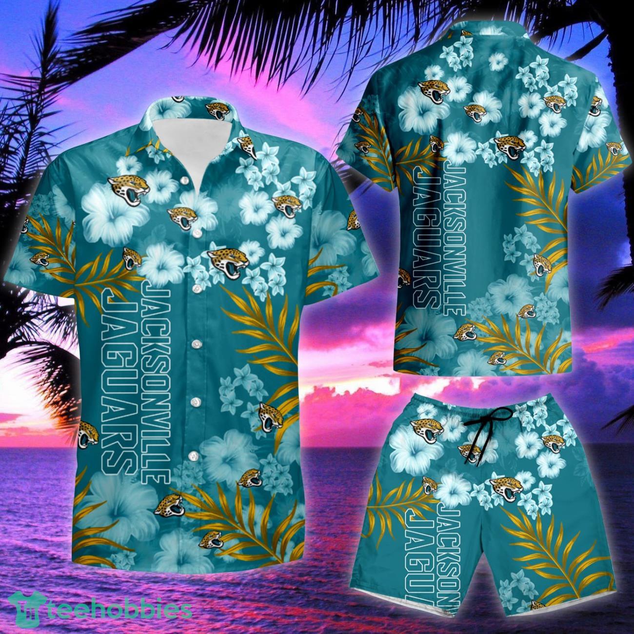 Jacksonville Jaguars Tropical Plants Hibiscus Teal Hawaiian Shirt & Short Product Photo 2