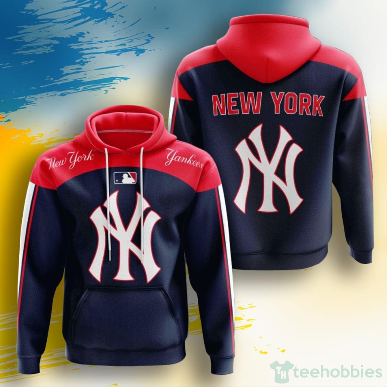 MLB New York Yankees Navy Red 3D Pullover Hoodie For Fans