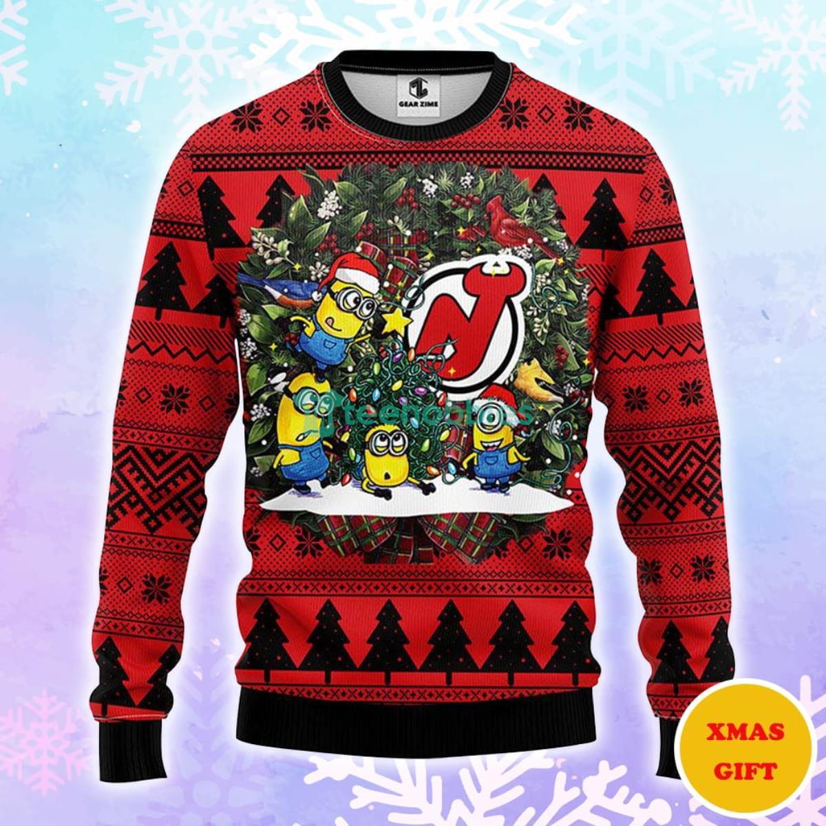New Jersey Devils Minion Christmas AOP Sweater Product Photo 1 New Jersey Devils Minion Christmas AOP Sweater Product Photo 1