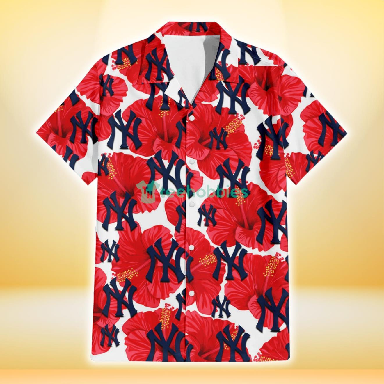 New York Yankees Big Red Hibiscus White Background 3D Hawaiian Shirt Gift For Fans Product Photo 2