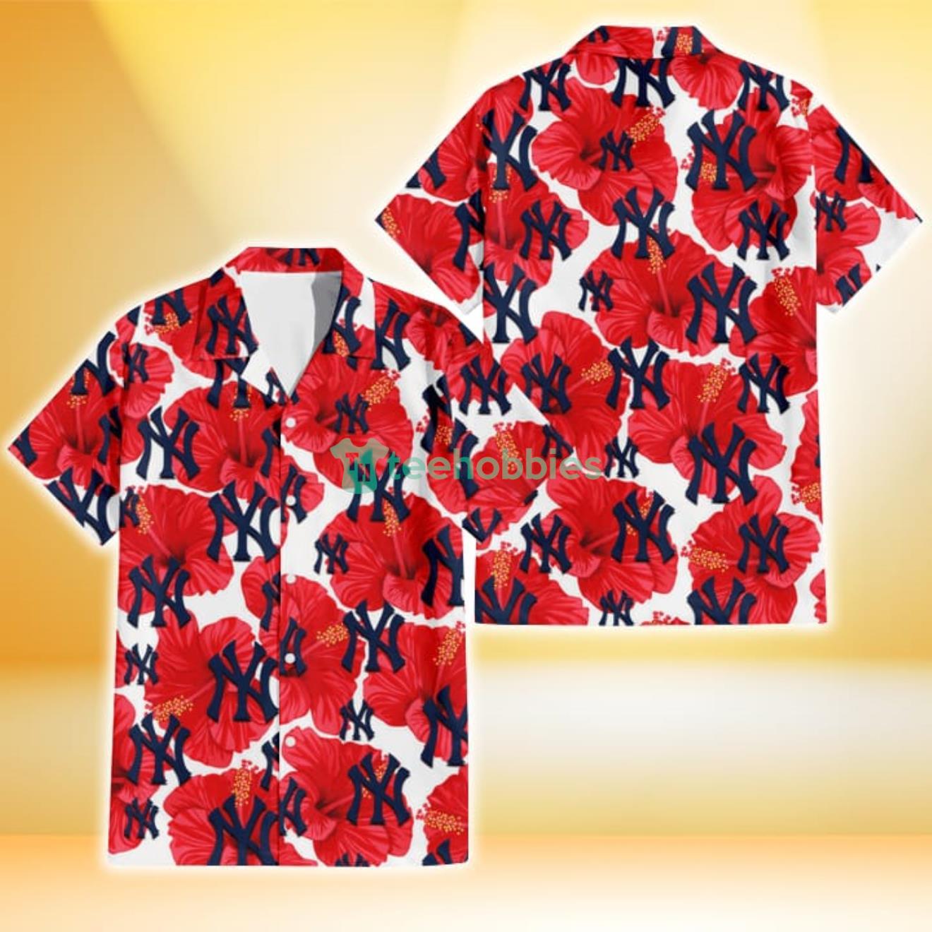 New York Yankees Big Red Hibiscus White Background 3D Hawaiian Shirt Gift For Fans Product Photo 1