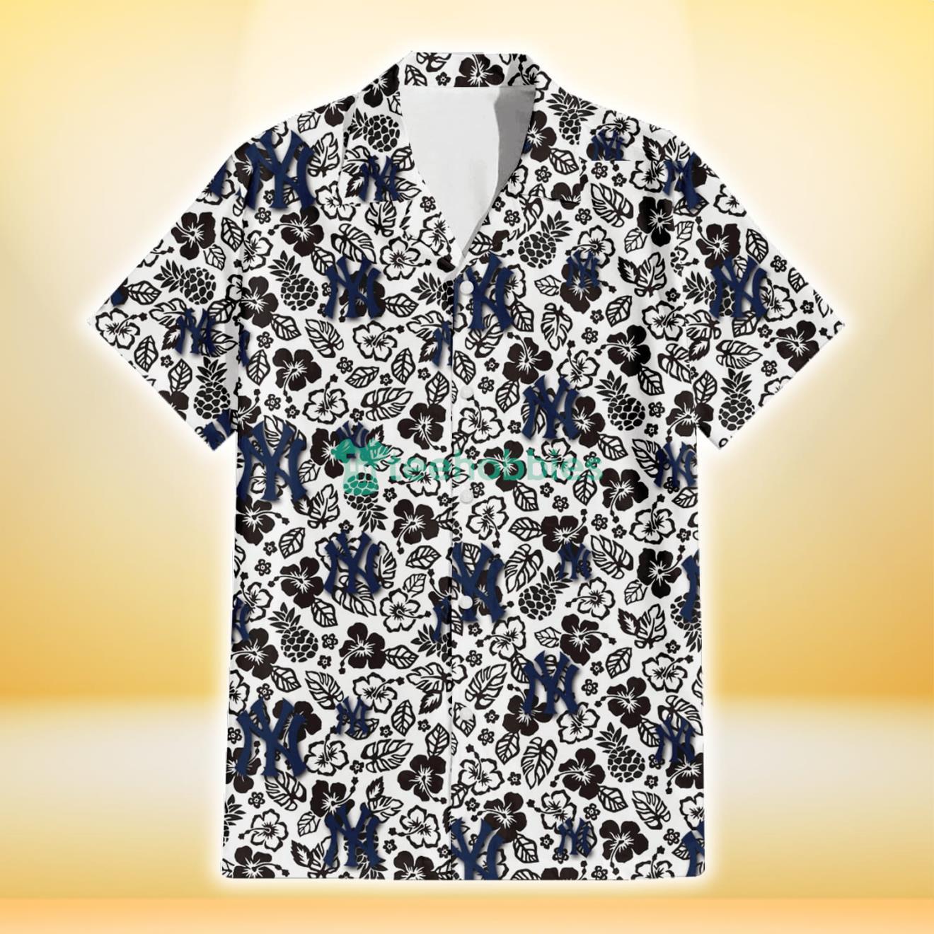 New York Yankees Black And White Hibiscus Leaf White Background 3D Hawaiian Shirt Gift For Fans Product Photo 2