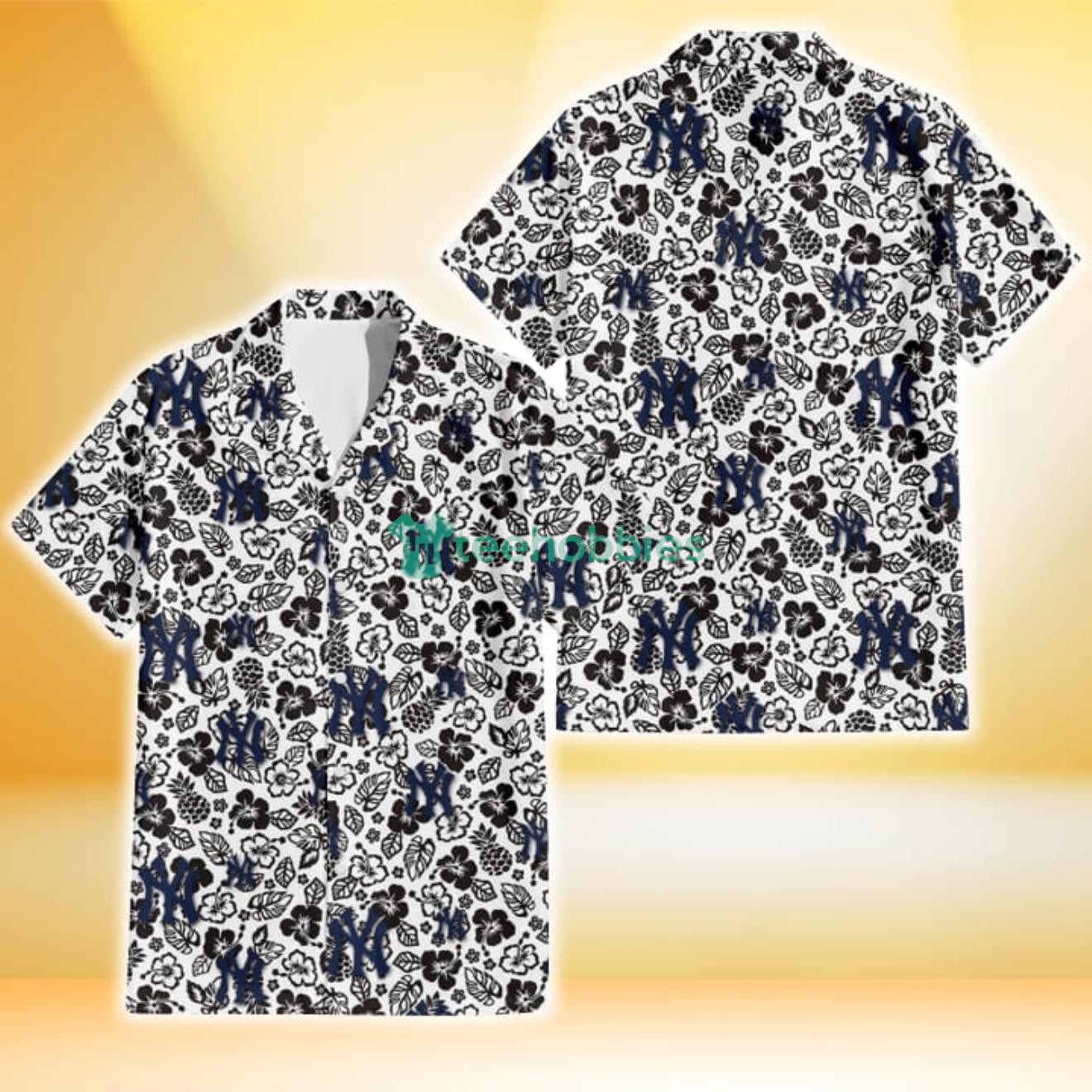 New York Yankees Black And White Hibiscus Leaf White Background 3D Hawaiian Shirt Gift For Fans Product Photo 1