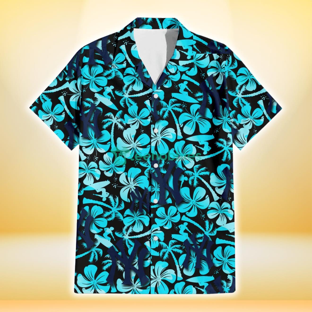 New York Yankees Blue Hibiscus Blue Coconut Tree Black Background 3D Hawaiian Shirt Gift For Fans Product Photo 2