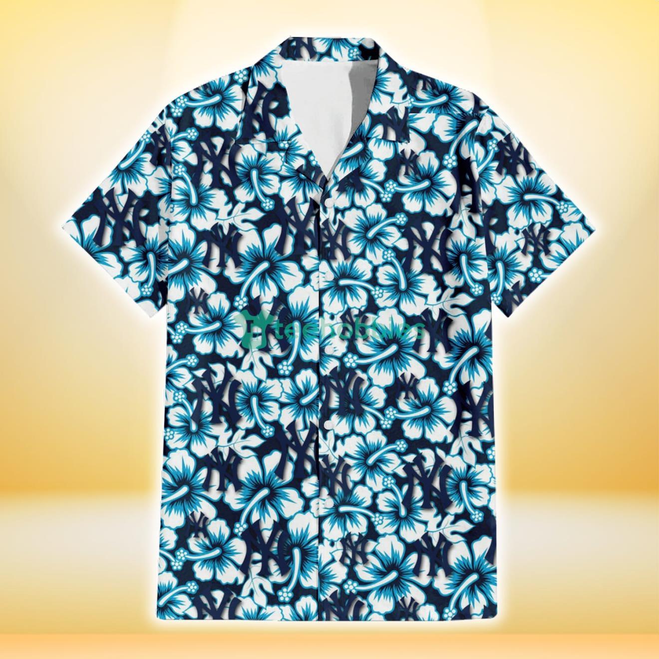 New York Yankees Blue Line White Hibiscus Black Background 3D Hawaiian Shirt Gift For Fans Product Photo 2
