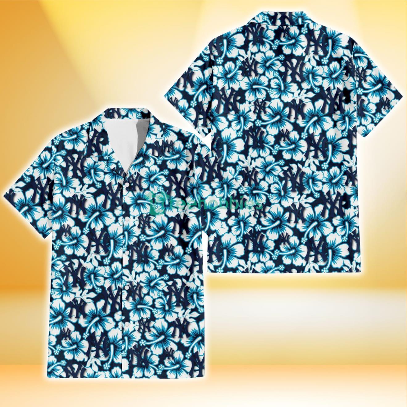 New York Yankees Blue Line White Hibiscus Black Background 3D Hawaiian Shirt Gift For Fans Product Photo 1