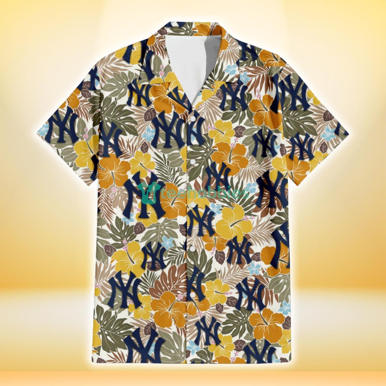 New York Yankees Brown Yellow Hibiscus White Background 3D Hawaiian Shirt Gift For Fans Product Photo 2
