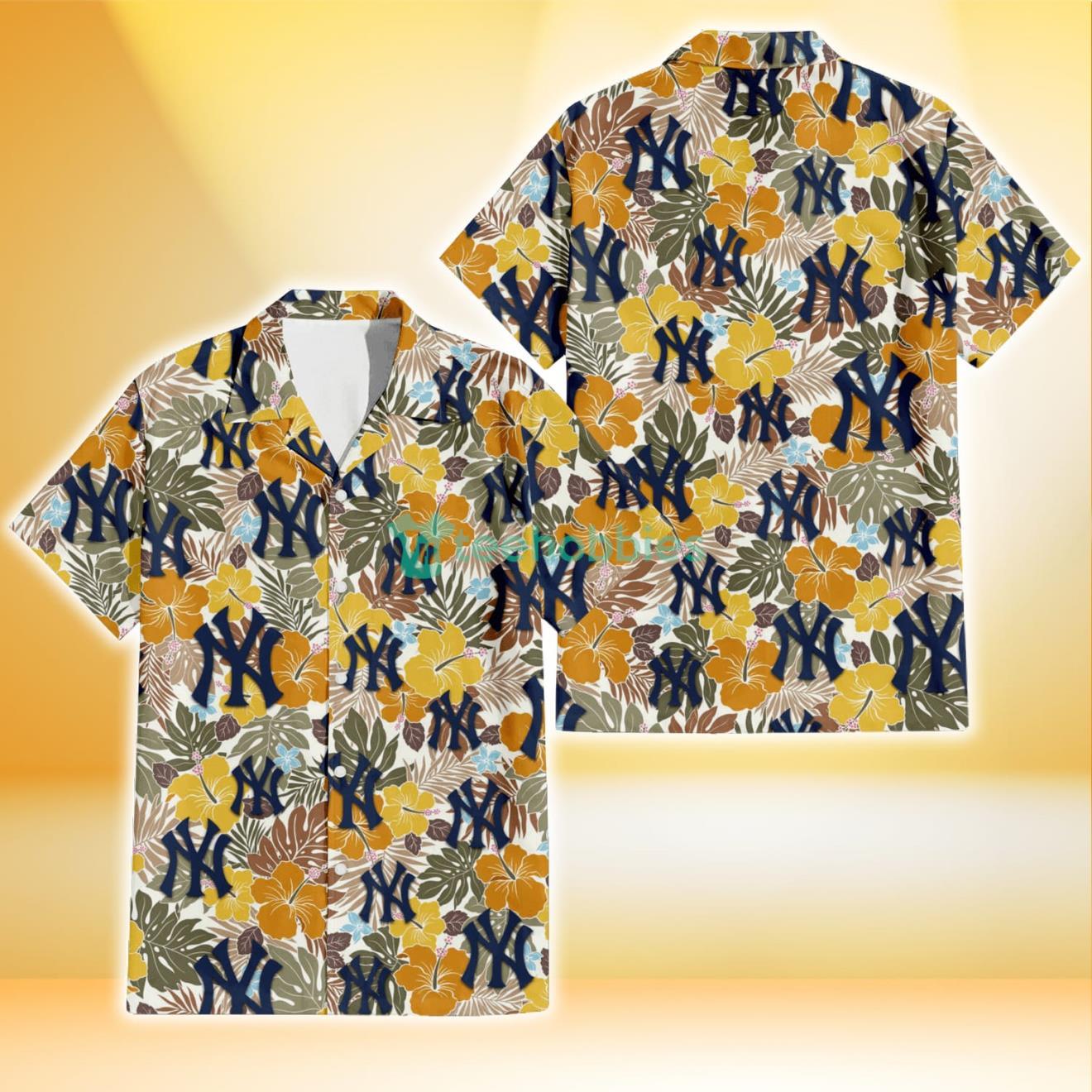 New York Yankees Brown Yellow Hibiscus White Background 3D Hawaiian Shirt Gift For Fans Product Photo 1
