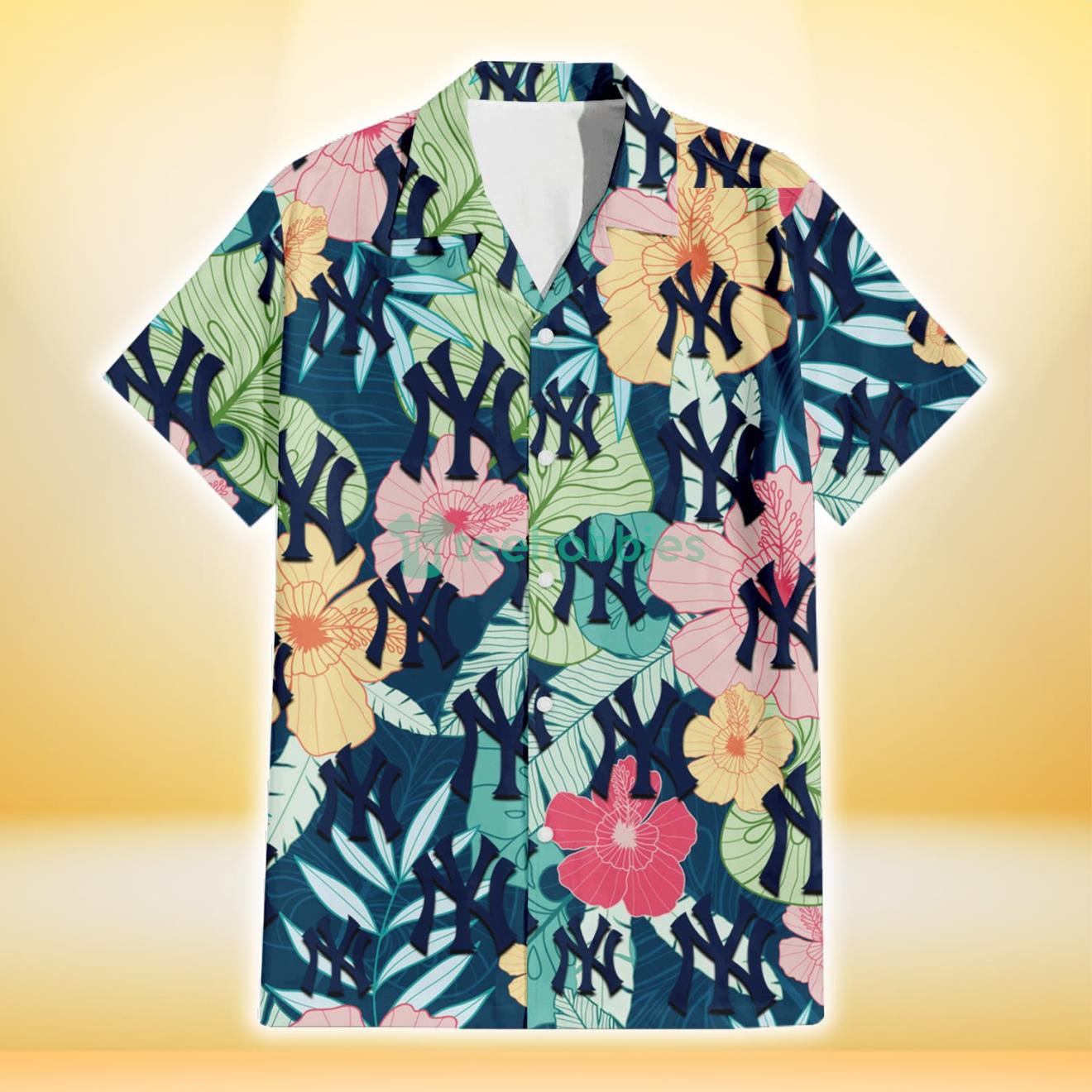 New York Yankees Colorful Sketch Hibiscus Dark Green Background 3D Hawaiian Shirt Gift For Fans Product Photo 2