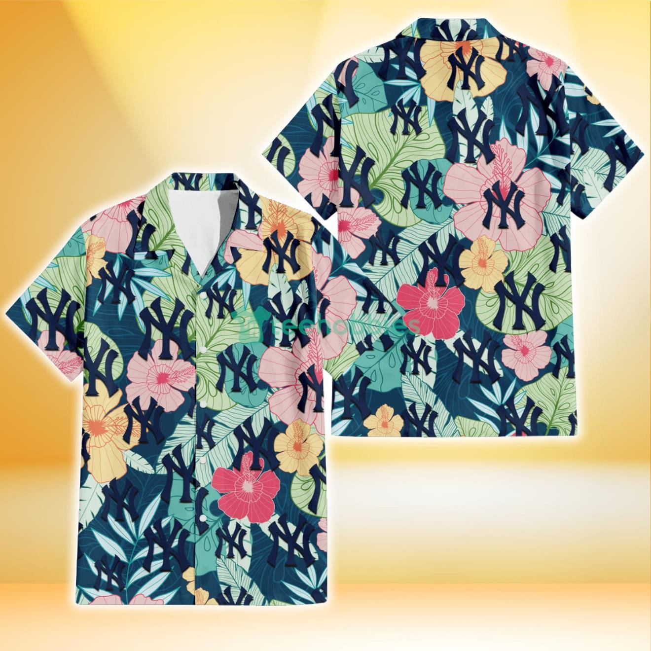 New York Yankees Colorful Sketch Hibiscus Dark Green Background 3D Hawaiian Shirt Gift For Fans Product Photo 1