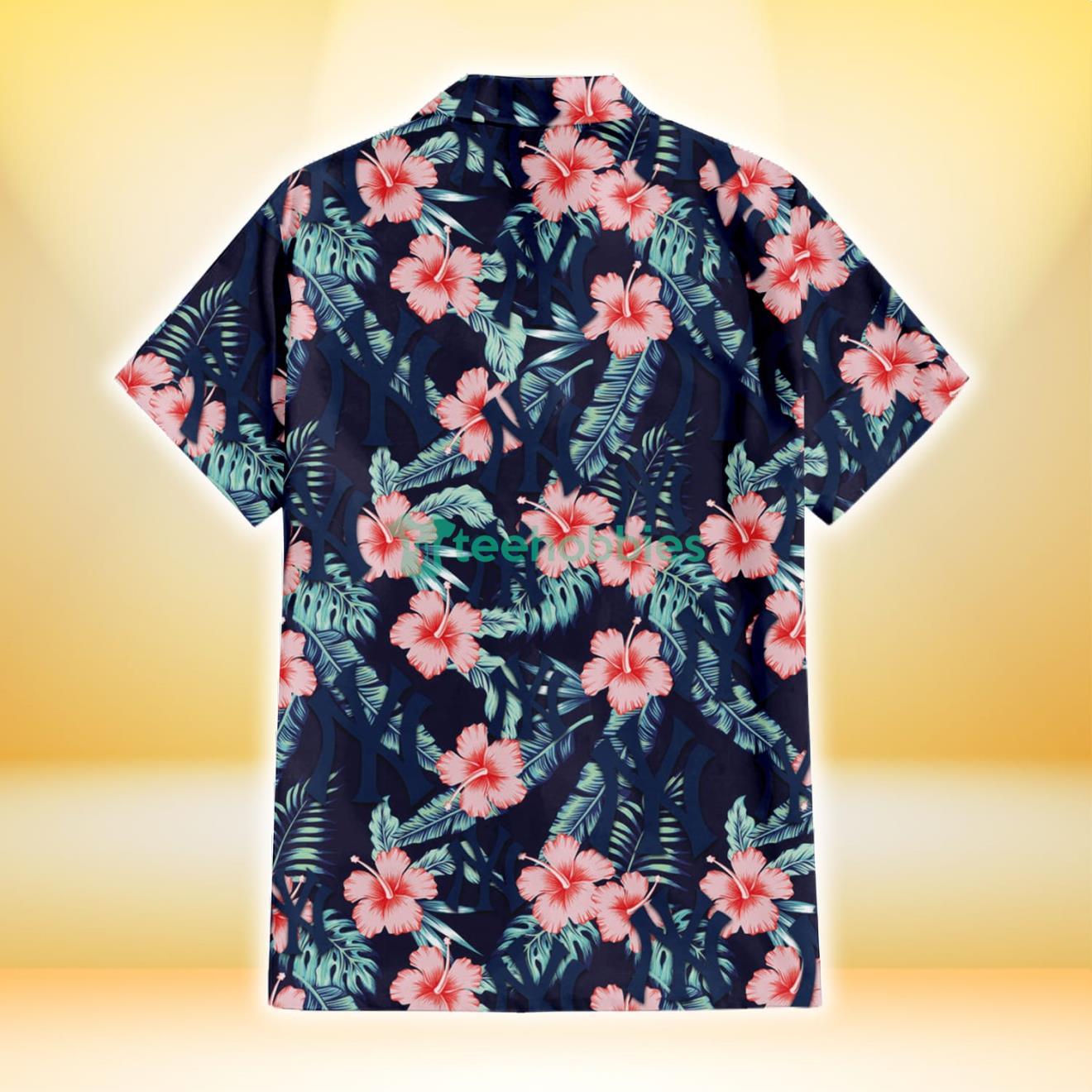 New York Yankees Coral Hibiscus Green Banana Leaf Black Background 3D Hawaiian Shirt Gift For Fans Product Photo 2