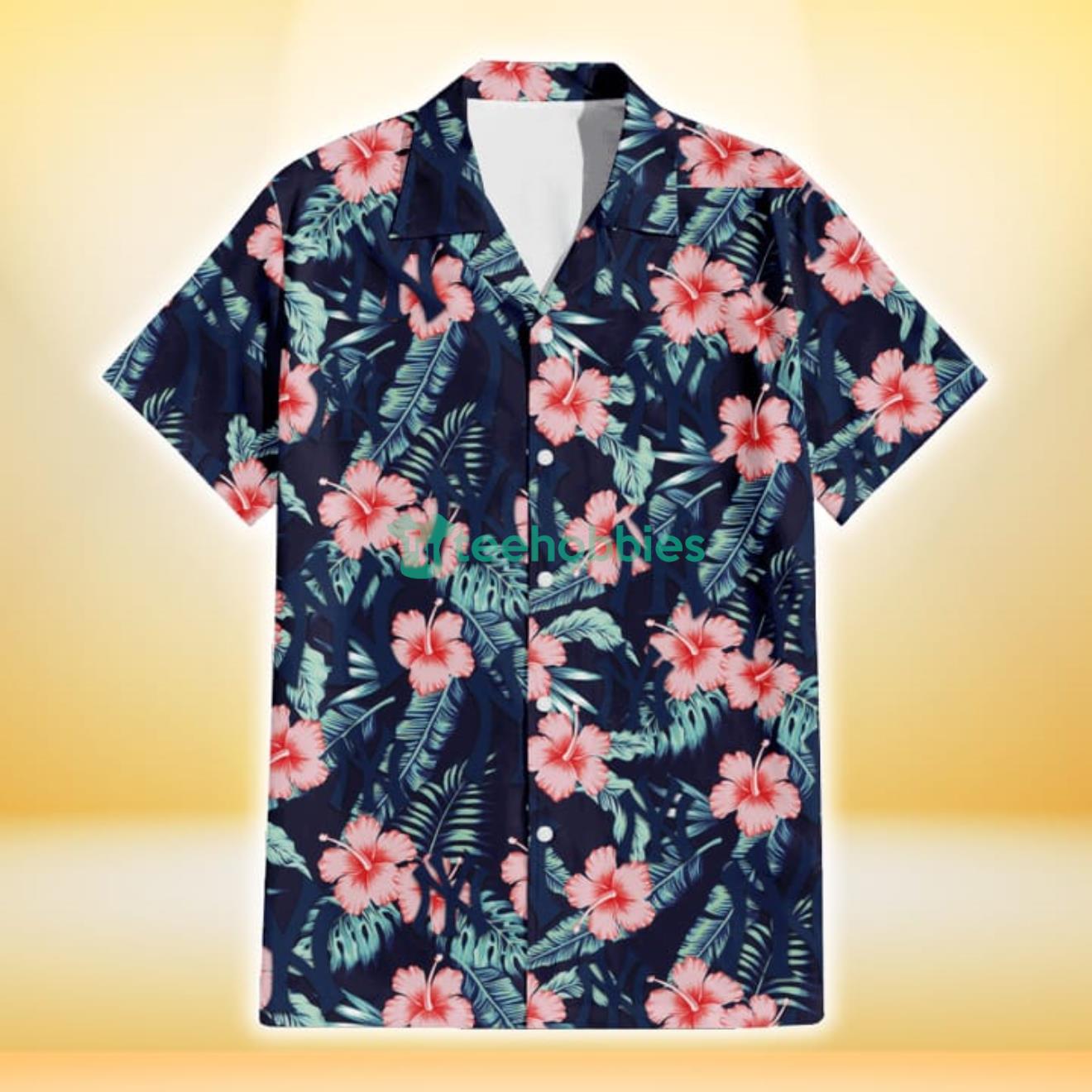 New York Yankees Coral Hibiscus Green Banana Leaf Black Background 3D Hawaiian Shirt Gift For Fans Product Photo 1