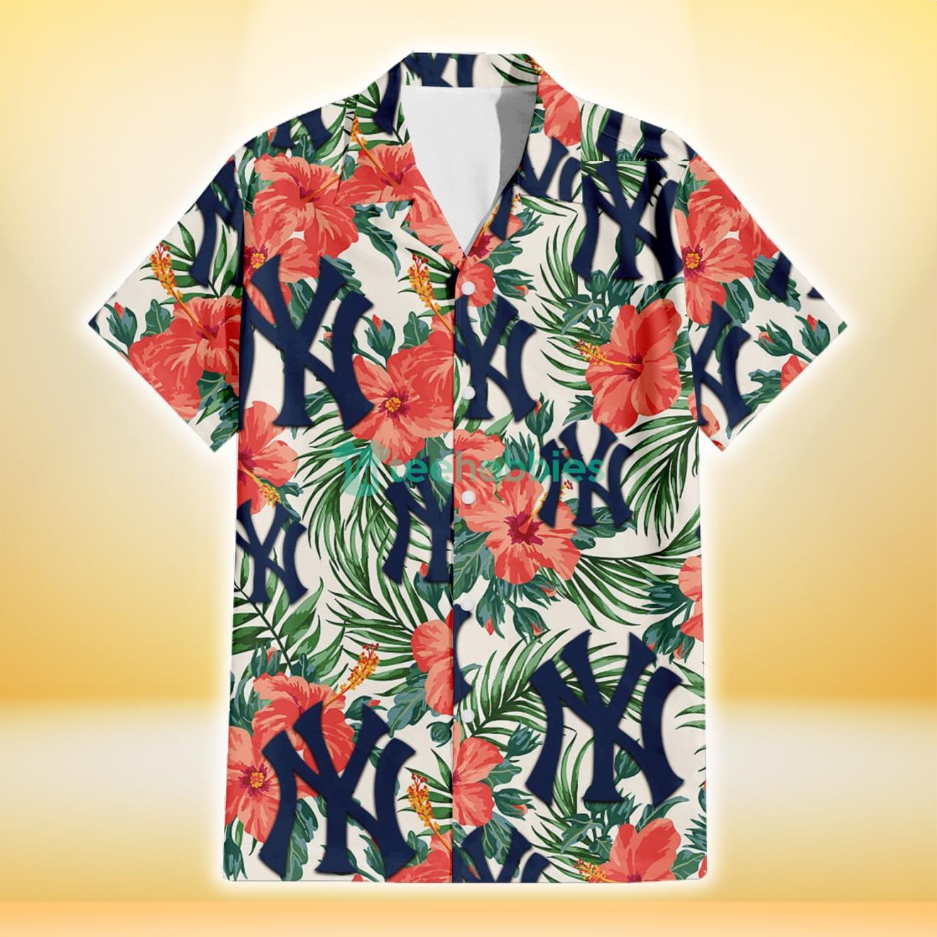 New York Yankees Coral Hibiscus Green Leaf Beige Background 3D Hawaiian Shirt Gift For Fans Product Photo 2