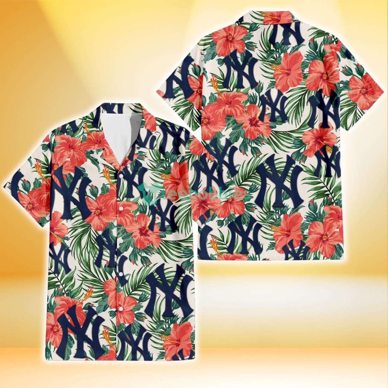 New York Yankees Coral Hibiscus Green Leaf Beige Background 3D Hawaiian Shirt Gift For Fans Product Photo 1