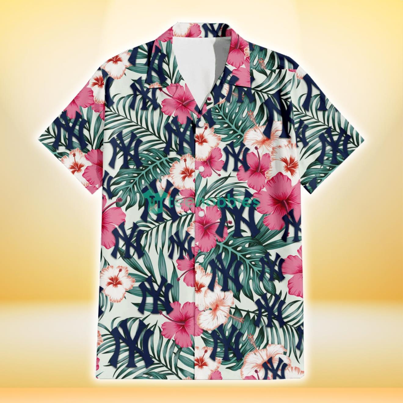 New York Yankees Coral Pink Hibiscus Green Leaf Beige Background 3D Hawaiian Shirt Gift For Fans Product Photo 2