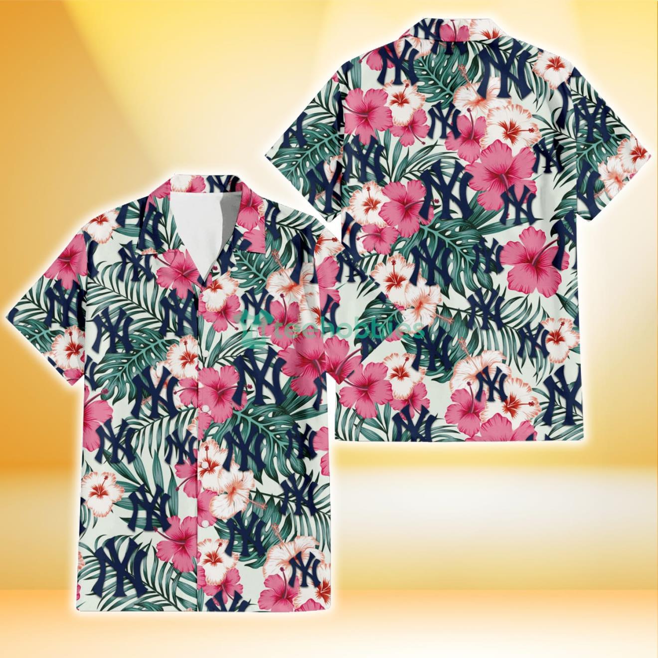 New York Yankees Coral Pink Hibiscus Green Leaf Beige Background 3D Hawaiian Shirt Gift For Fans Product Photo 1