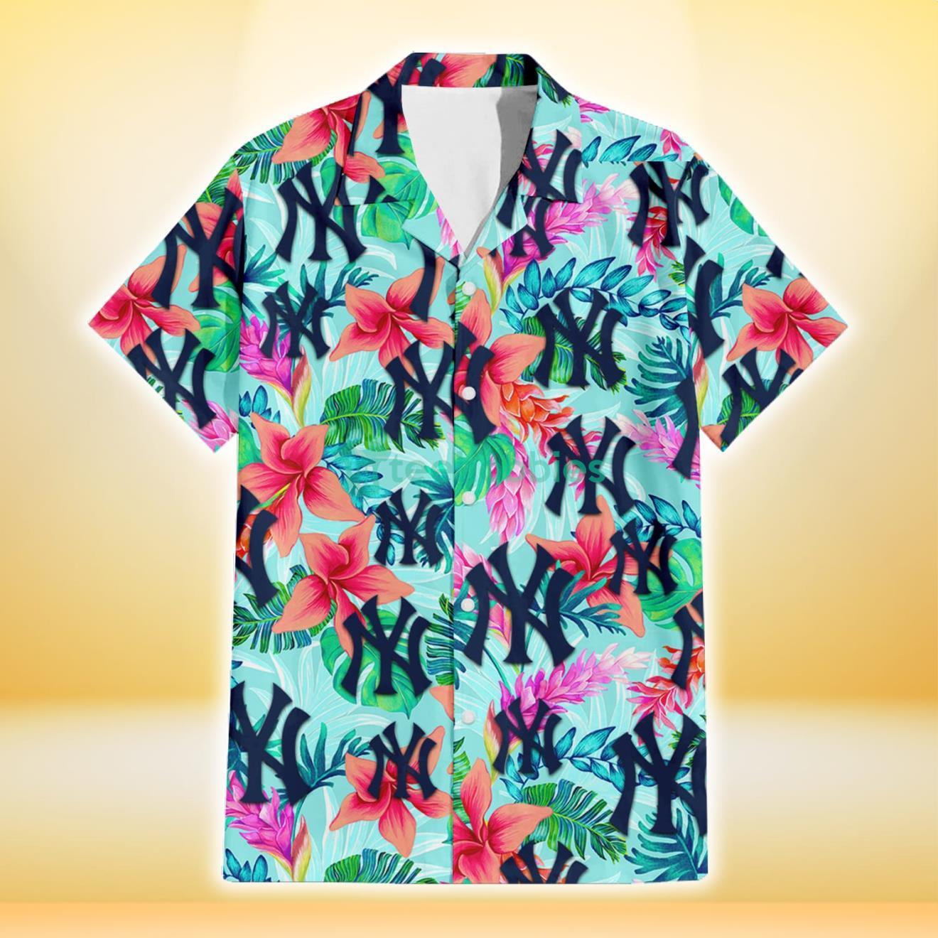 New York Yankees Coral Porcelain Flower Violet Orchid Light Blue Background 3D Hawaiian Shirt Gift For Fans Product Photo 2