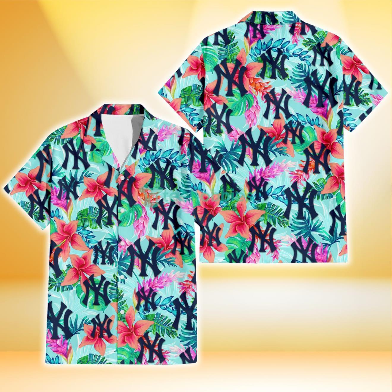 New York Yankees Coral Porcelain Flower Violet Orchid Light Blue Background 3D Hawaiian Shirt Gift For Fans Product Photo 1