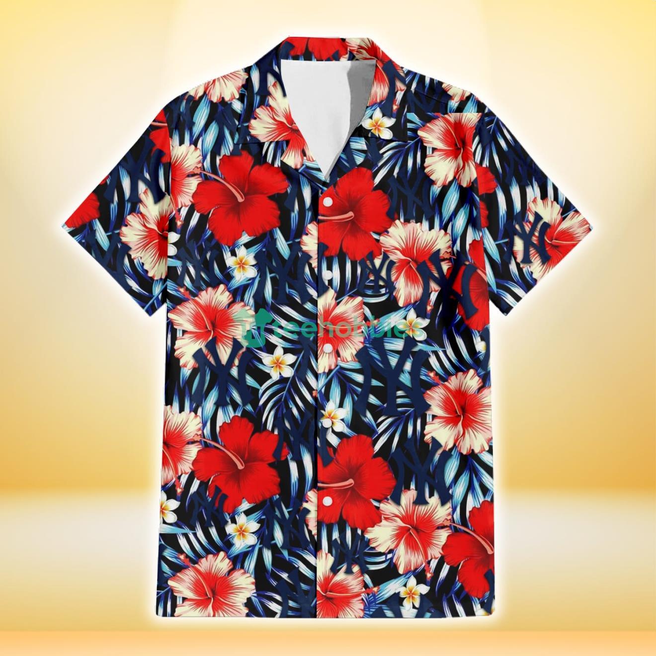 New York Yankees Coral Red Hibiscus Blue Palm Leaf Black Background 3D Hawaiian Shirt Gift For Fans Product Photo 2