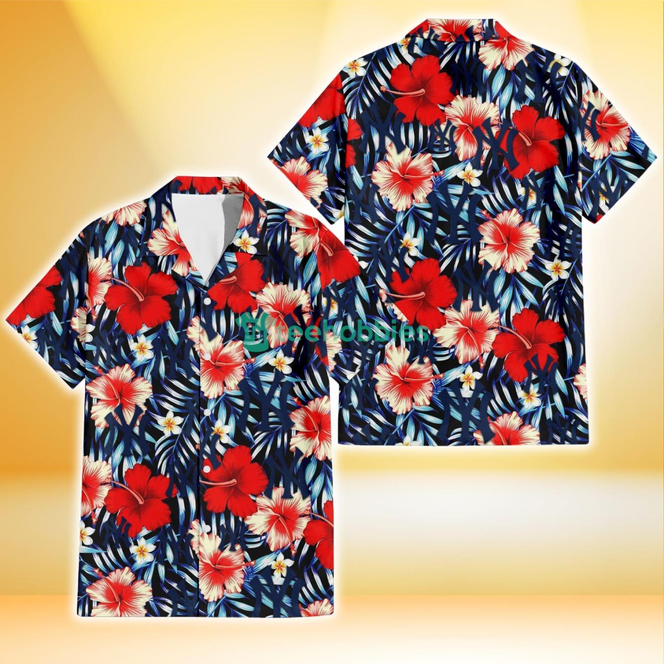 New York Yankees Coral Red Hibiscus Blue Palm Leaf Black Background 3D Hawaiian Shirt Gift For Fans Product Photo 1