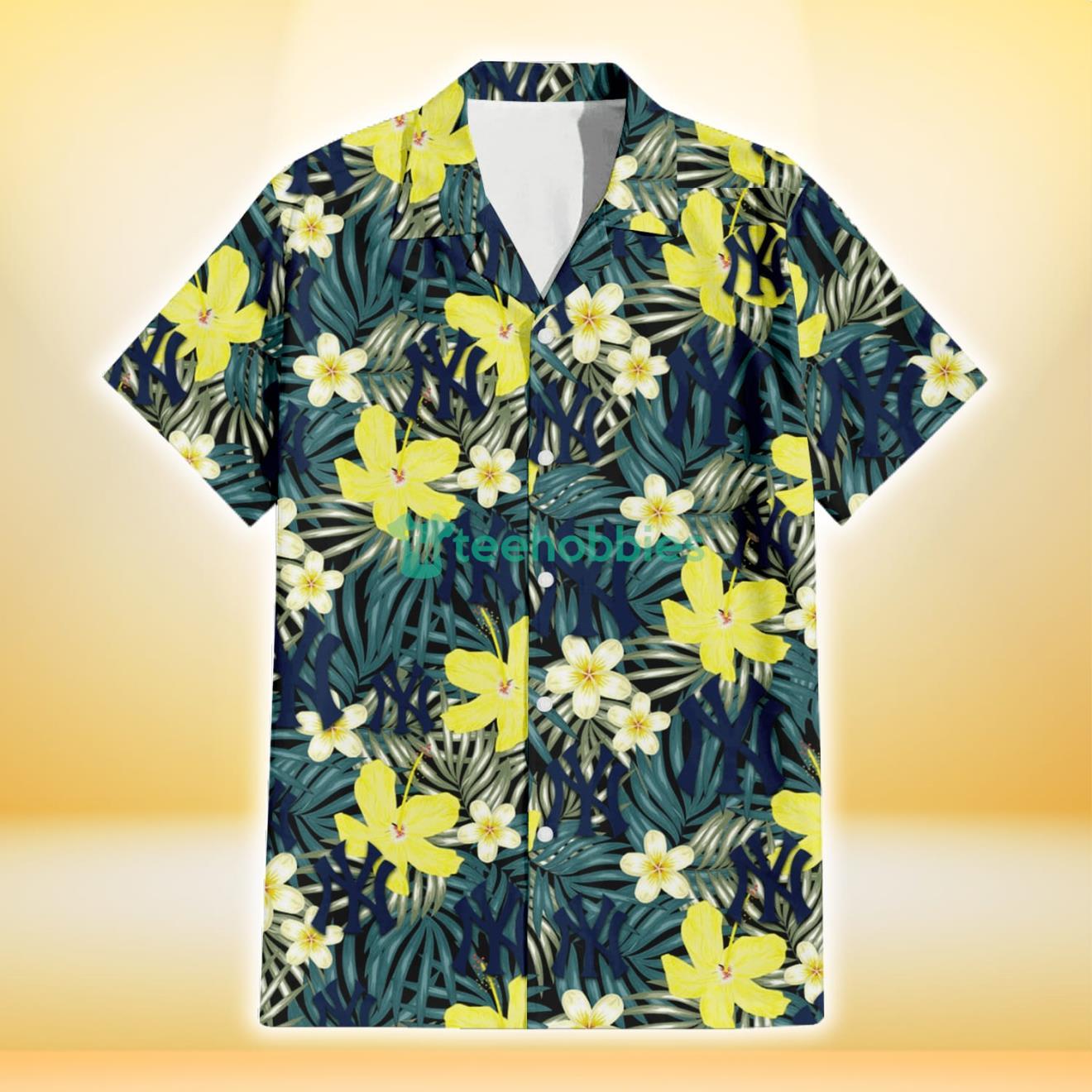New York Yankees Hibiscus Green Palm Leaf Black Background 3D Hawaiian Shirt Gift For Fans Product Photo 2
