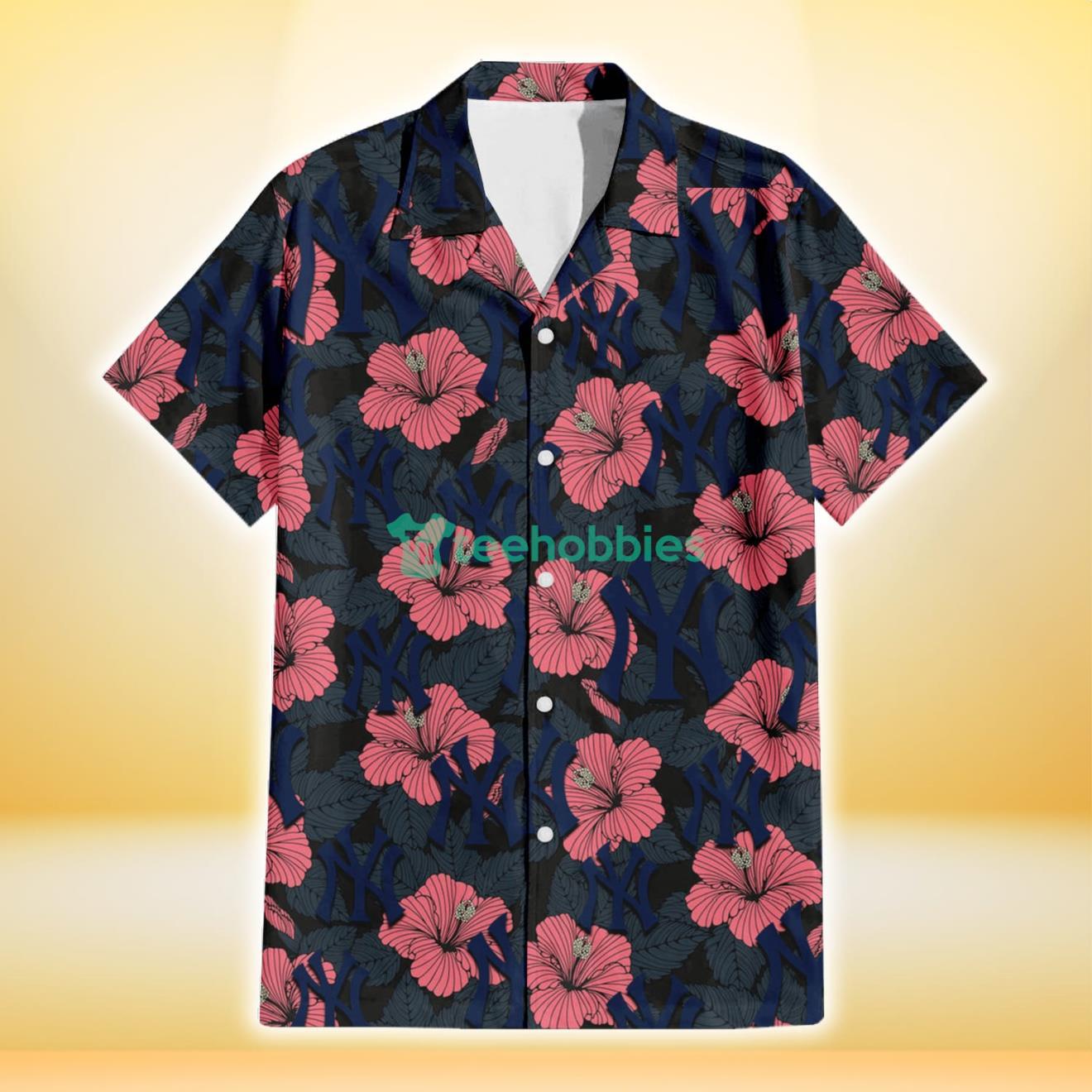 New York Yankees Light Coral Hibiscus Gray Leaf Black Background 3D Hawaiian Shirt Gift For Fans Product Photo 2