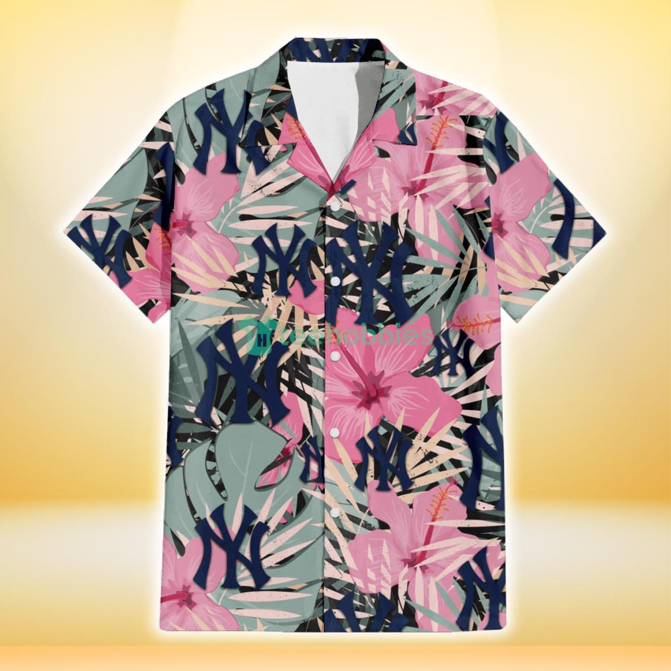 New York Yankees Light Pink Hibiscus Pale Green Leaf Black Background 3D Hawaiian Shirt Gift For Fans Product Photo 2