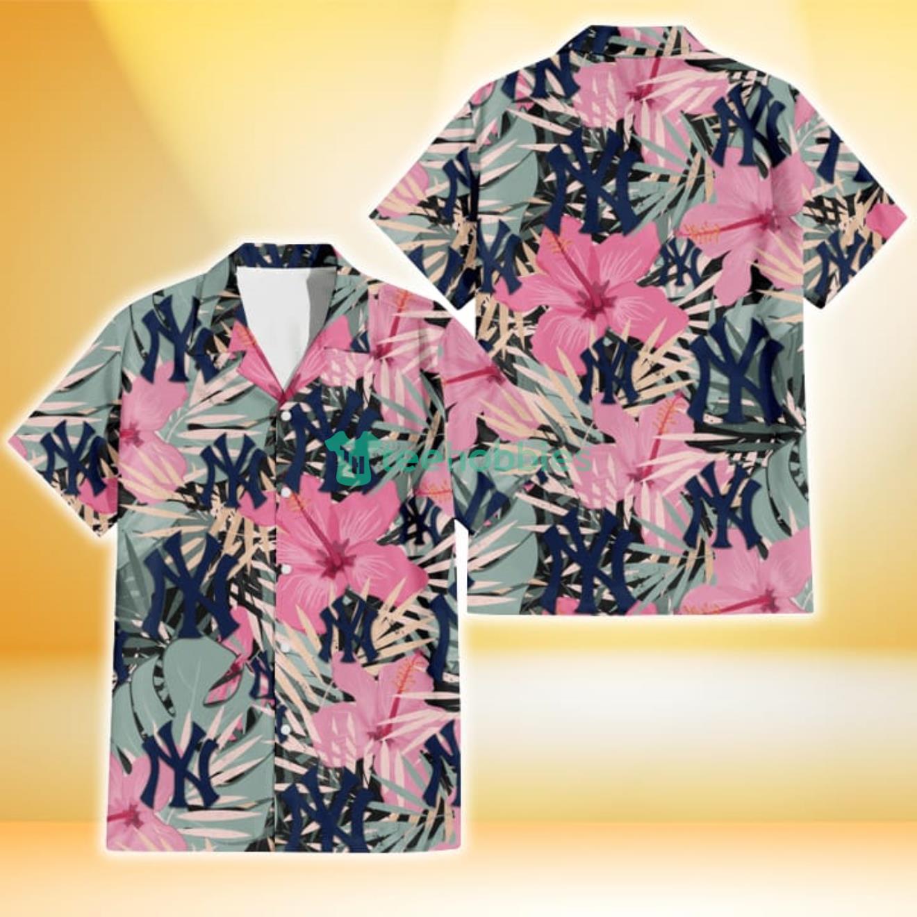New York Yankees Light Pink Hibiscus Pale Green Leaf Black Background 3D Hawaiian Shirt Gift For Fans Product Photo 1