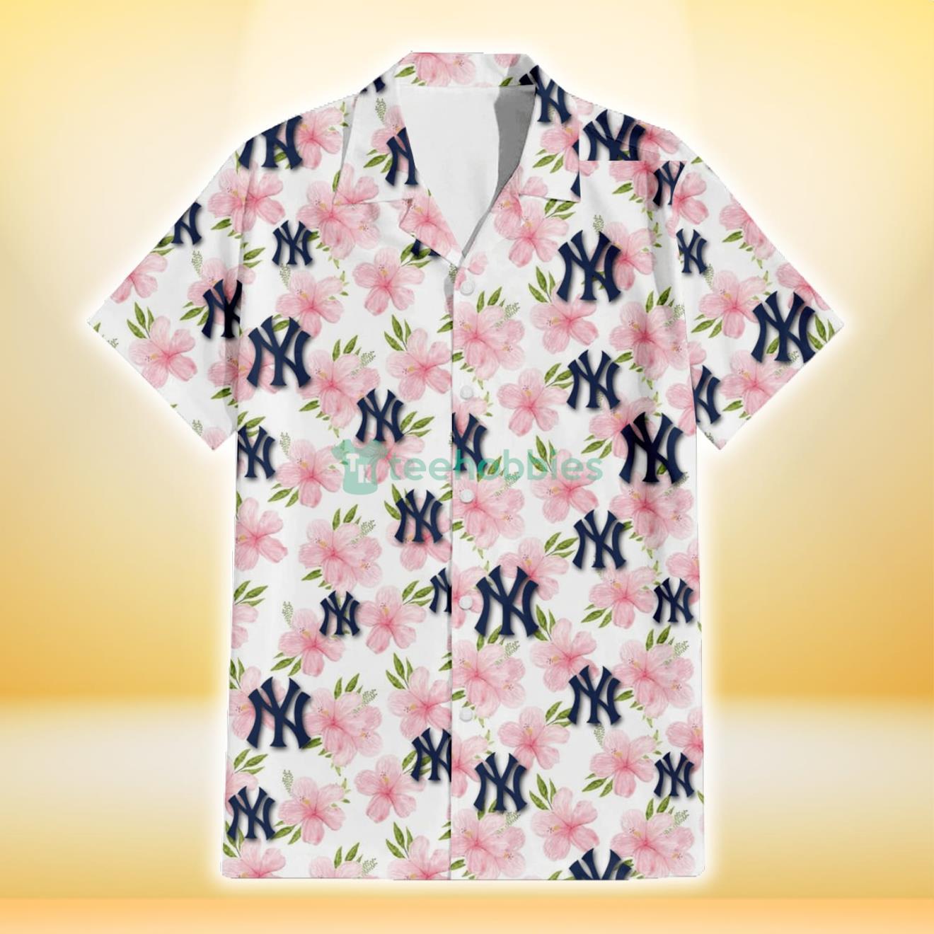 New York Yankees Light Pink Hibiscus White Background 3D Hawaiian Shirt Gift For Fans Product Photo 2